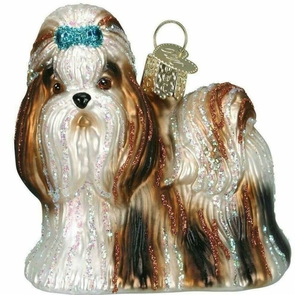 Old World Christmas Shih Tzu Dog Ornament Brown White Glitter‎ Glass 12435